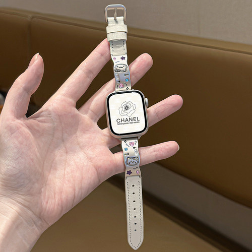 适用applewatchS12彩石水钻猫咪小牛皮细款表带iwatch11/10/9/8/SE手镯款小蛮腰苹果手表皮拼金属可爱腕带女 - 图1