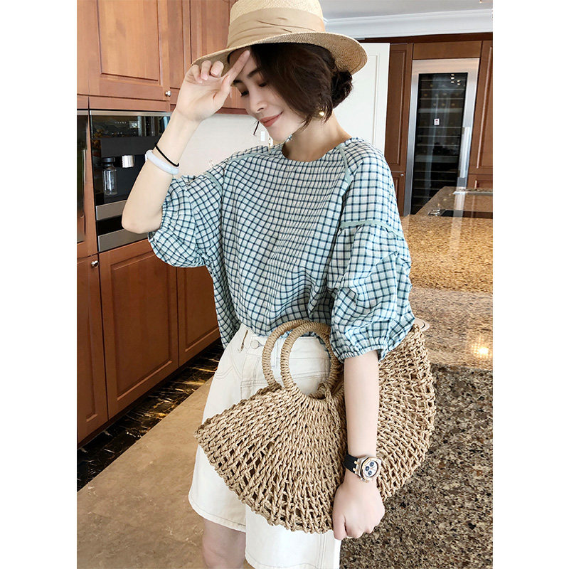 格子女上衣泡泡袖短款夏季宽松衬衫 秋寸衬衫