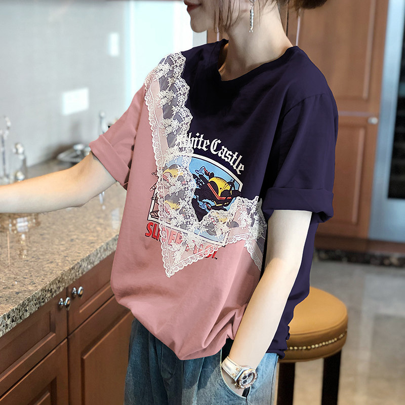 蕾丝短袖拼接设计感印花夏季t恤 秋寸T恤