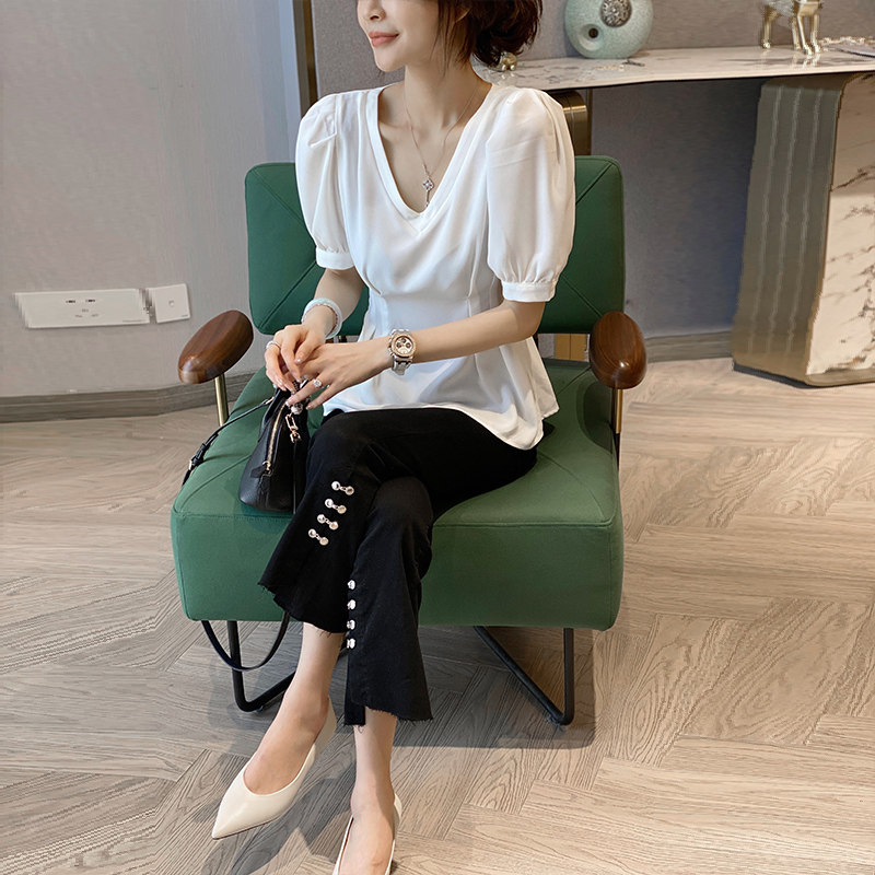 纯色v领泡泡袖雪纺小洋气收腰衬衫 秋寸衬衫