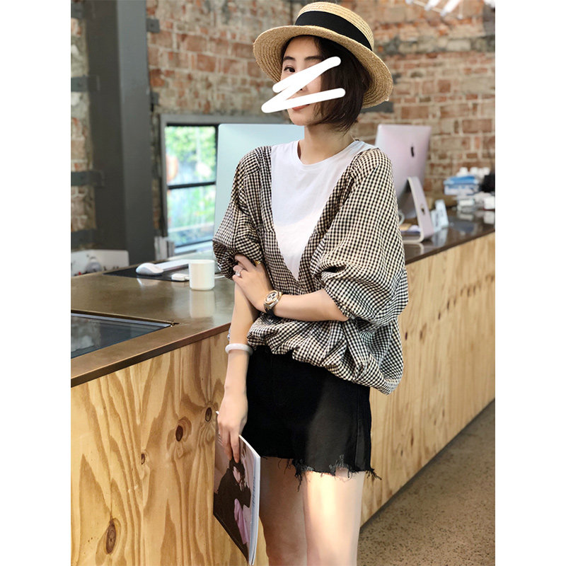 假两件格子蝙蝠袖设计感小众衬衫 秋寸衬衫