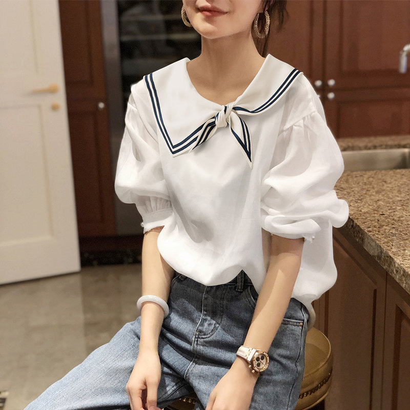 海军风领泡泡袖雪纺洋气小衫衬衣 秋寸衬衫