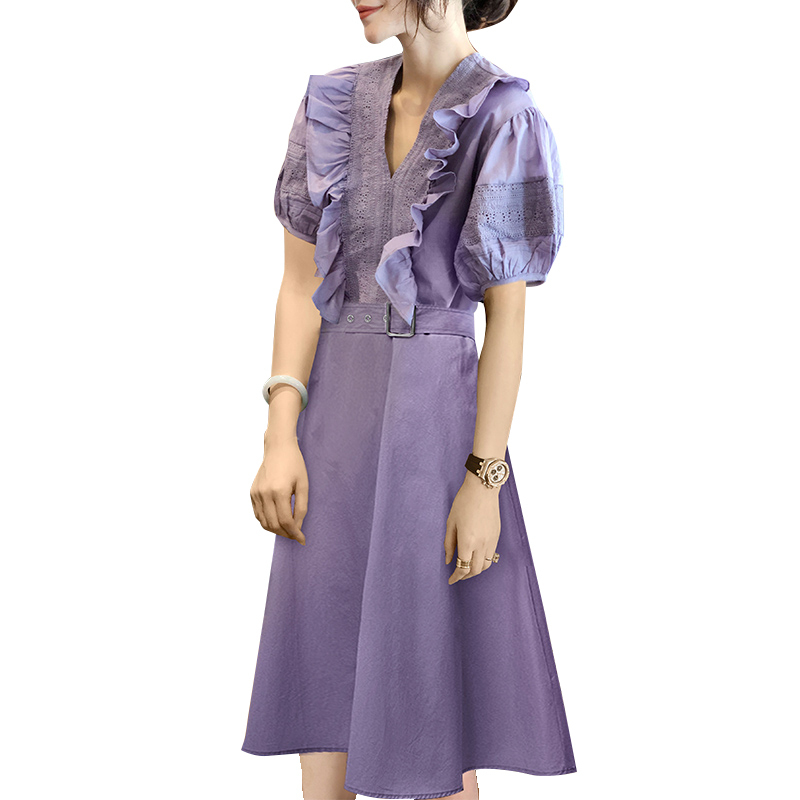 紫色V领法式连衣裙女荷叶边收腰大码高级感裙夏装2024新款欧洲站