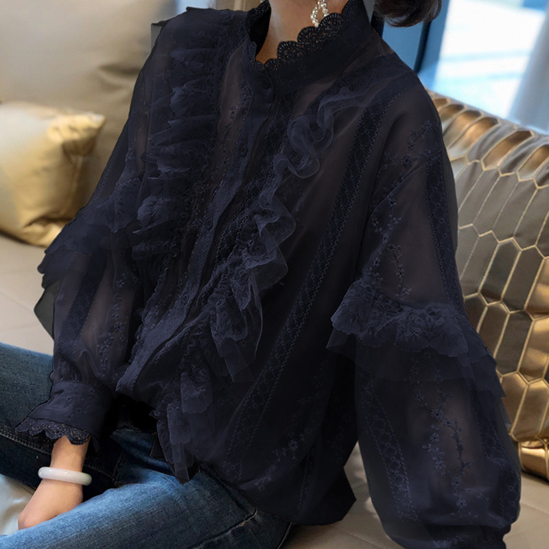 荷叶领蕾丝衫黑色长袖小衫韩衬衫 秋寸蕾丝衫/雪纺衫
