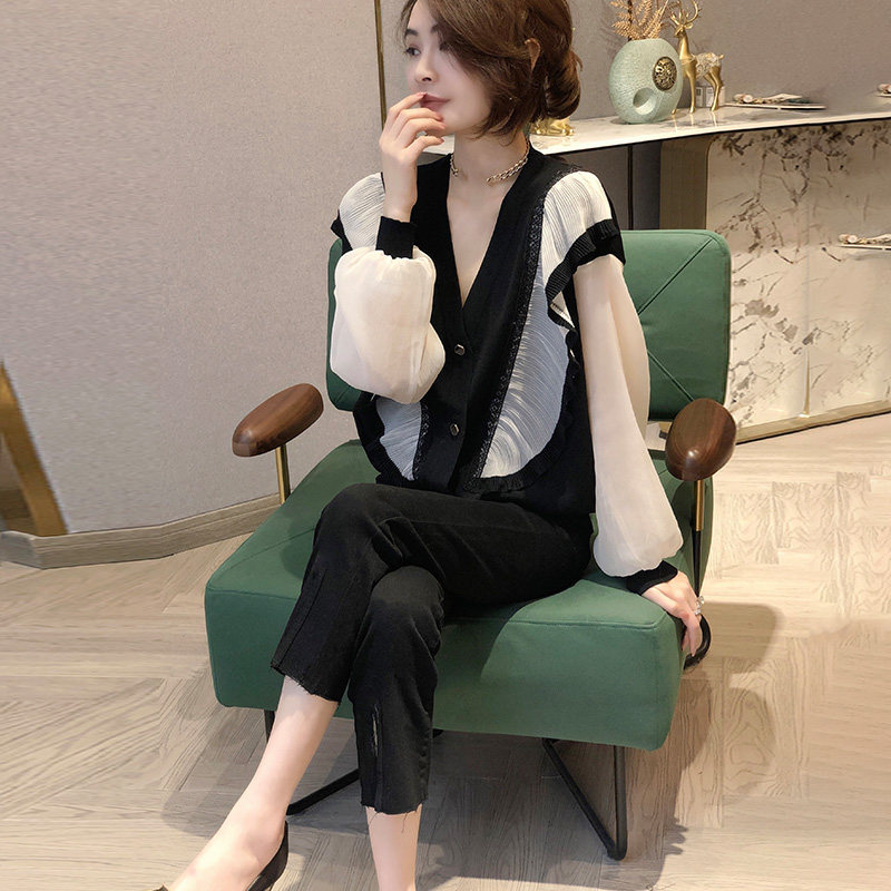 盐系拼接v领女气质高级感显瘦衬衫 秋寸衬衫