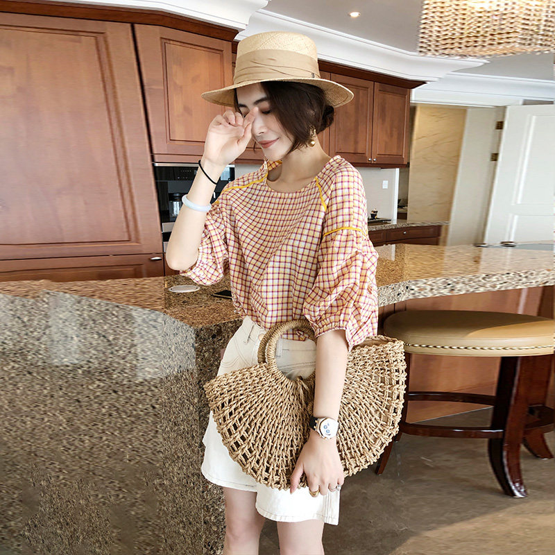 格子女上衣泡泡袖短款夏季宽松衬衫 秋寸衬衫