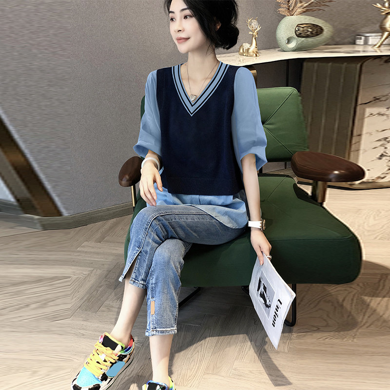 拼接假两件v领女设计感小众衬衫 秋寸衬衫