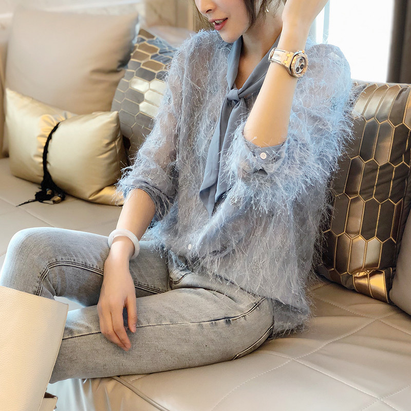 蓝色v领薄款宽松洋气流苏蕾丝衫 秋寸蕾丝衫/雪纺衫