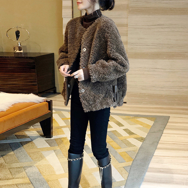 仿羊羔毛绒外套女短小个子宽松上衣 秋寸短外套