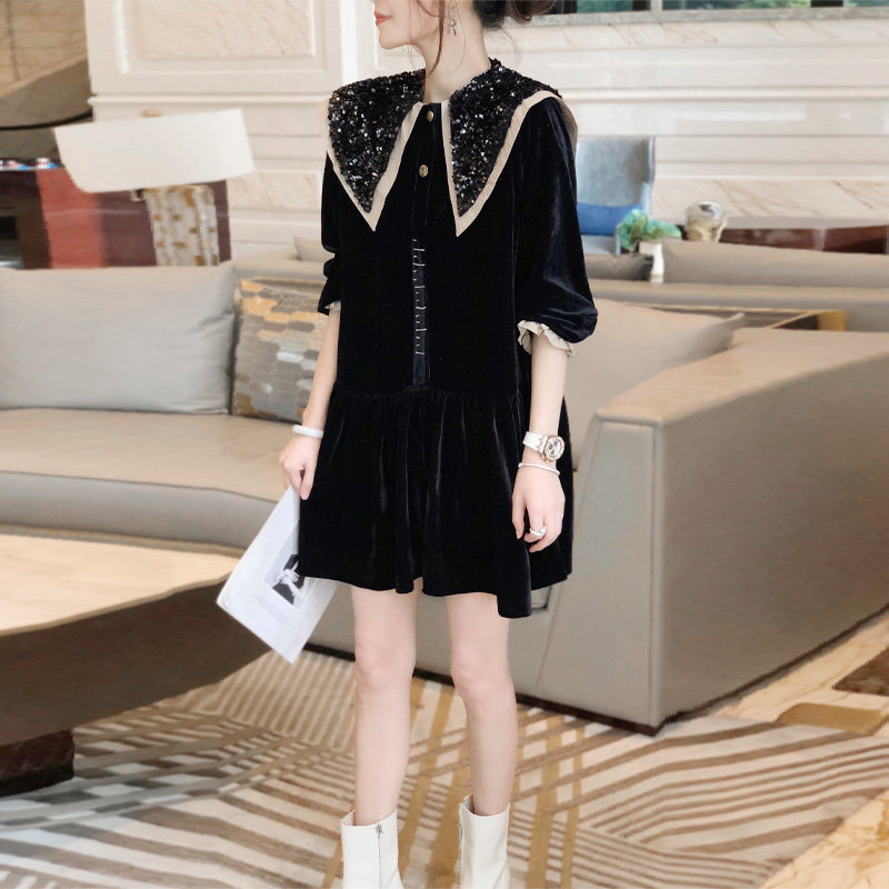 小黑色丝绒娃娃领长袖秋冬连衣裙 秋寸连衣裙