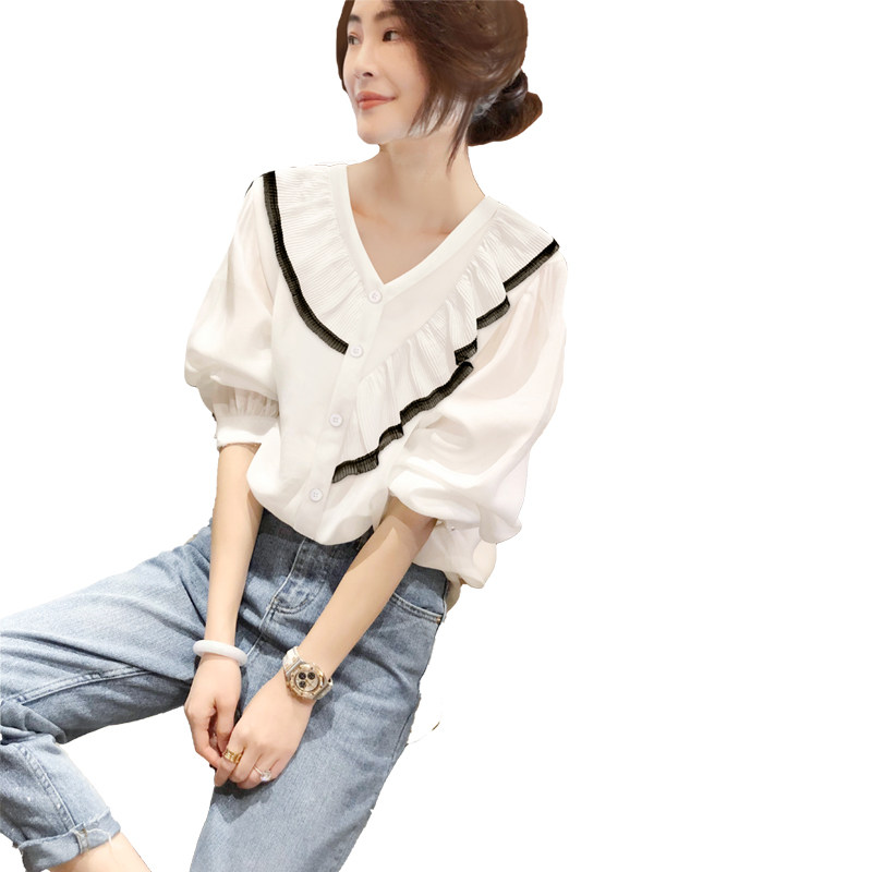 白色v领泡泡袖雪纺荷叶边洋气衬衫 秋寸衬衫