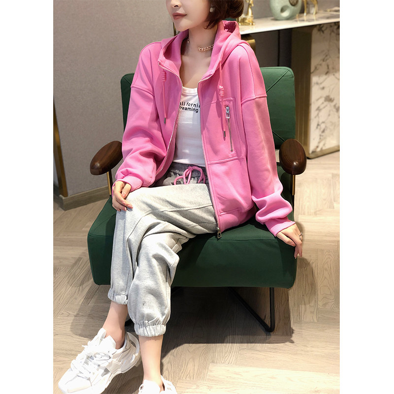 粉色运动休闲短款宽松小个子夹克 秋寸短外套