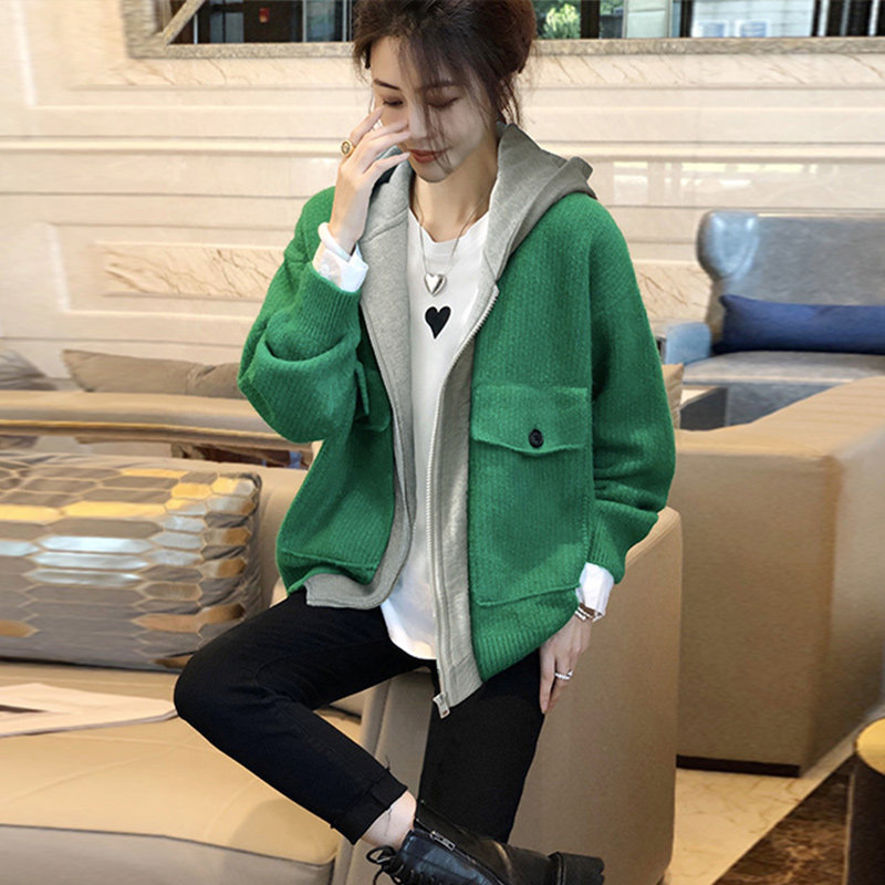 绿色假两件毛衣外套女小个子爆开衫 秋寸短外套