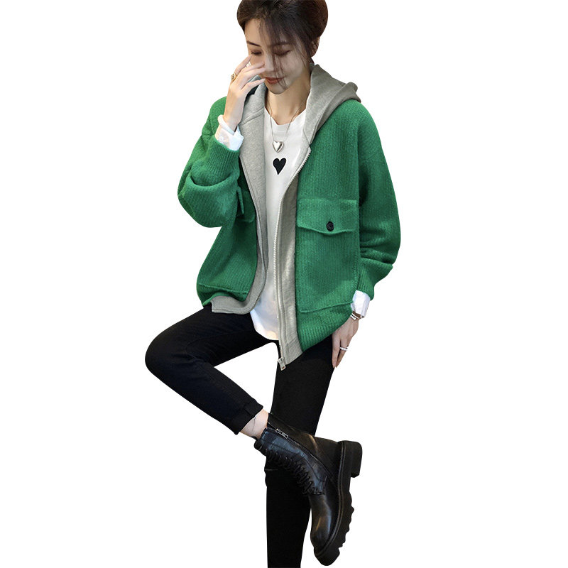 绿色假两件毛衣外套女小个子爆开衫 秋寸短外套