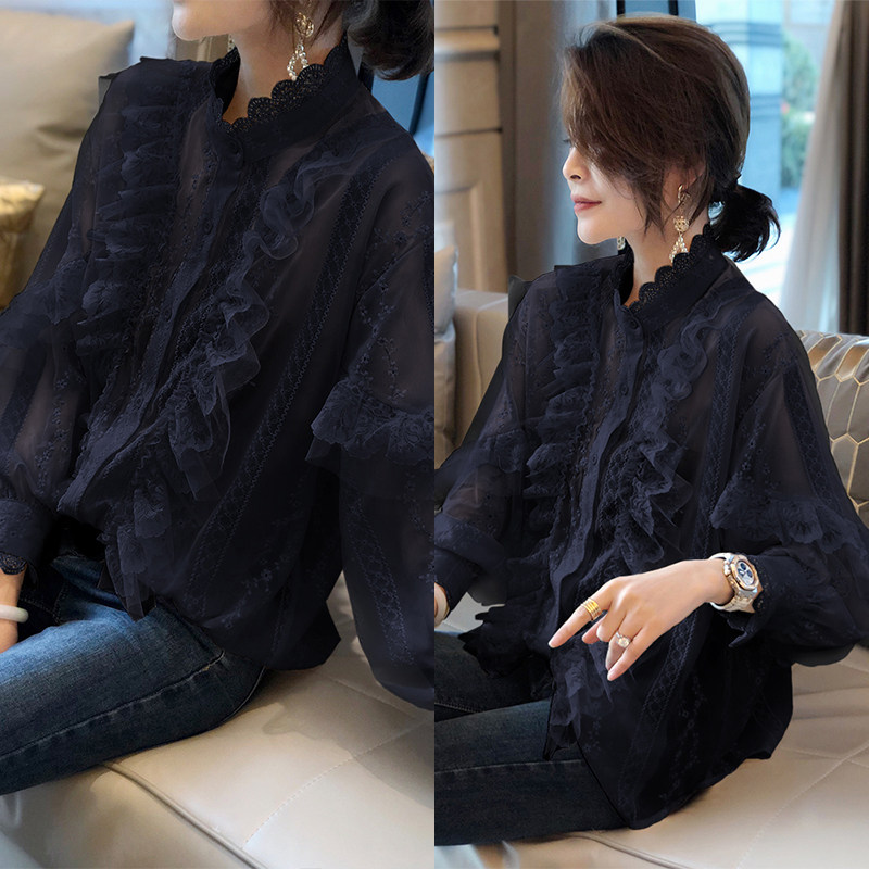 荷叶领蕾丝衫黑色长袖小衫韩衬衫 秋寸蕾丝衫/雪纺衫