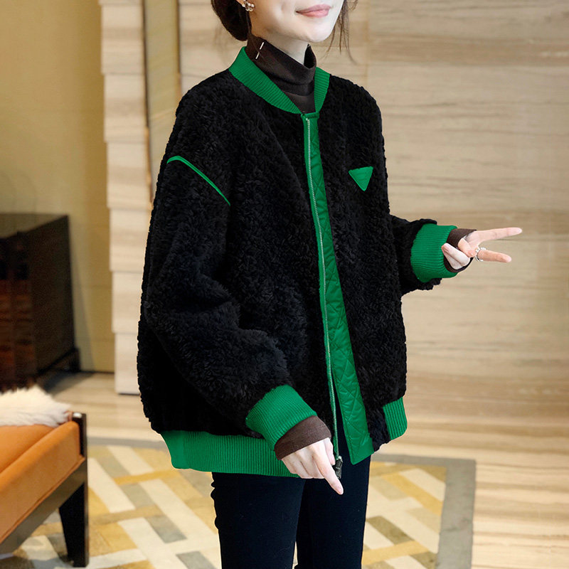 仿羊羔毛绒短外套拼接小个子棒球服 秋寸短外套