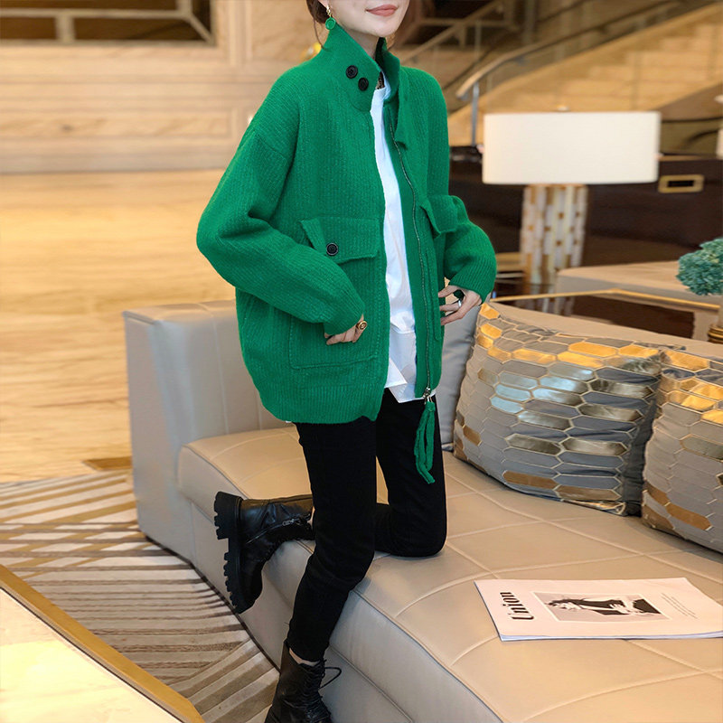 欧货磨毛绒外套爆款宽松绿色毛衣 秋寸短外套