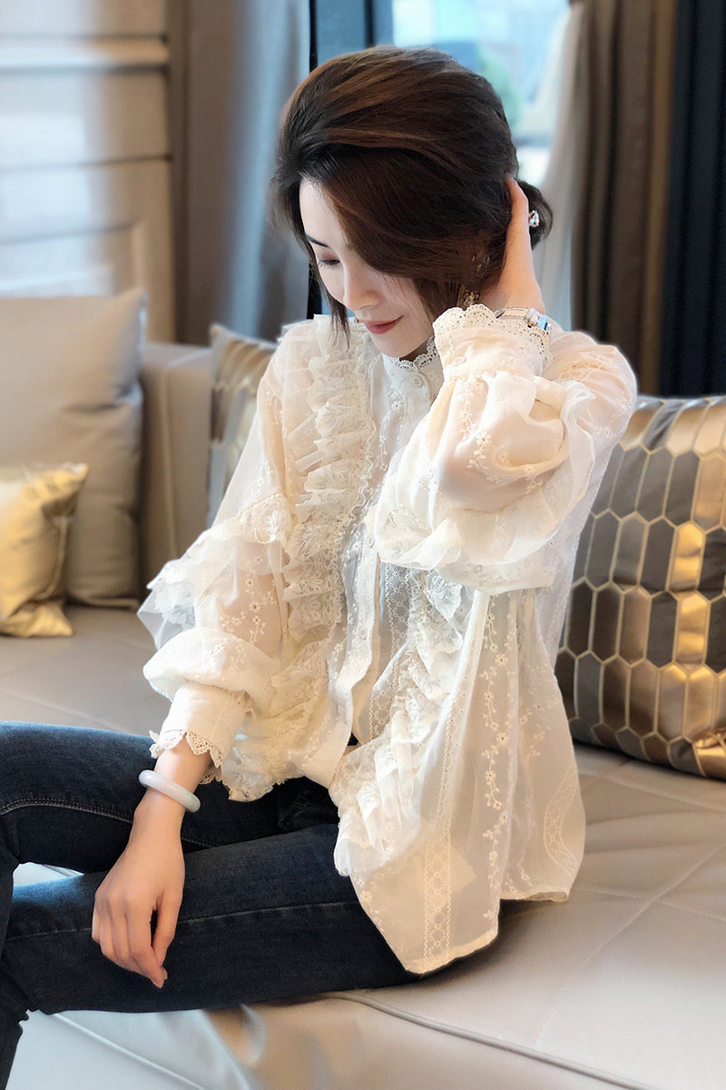 仙气白色女衬衫长袖宽松立领小衫 秋寸蕾丝衫/雪纺衫