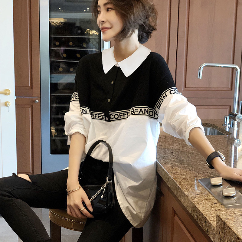 polo领宽松女休闲洋气拼接新款衬衫 秋寸衬衫