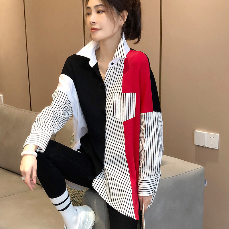 条纹拼接女宽松设计感小众洋气衬衫 秋寸衬衫