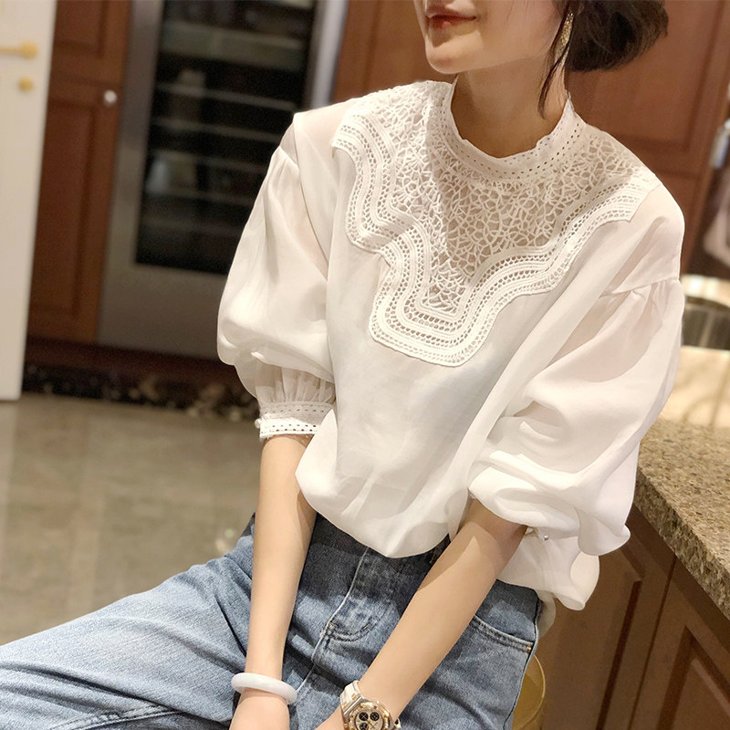 灯笼袖泡泡白色蕾丝女早秋2020衬衫 秋寸蕾丝衫/雪纺衫