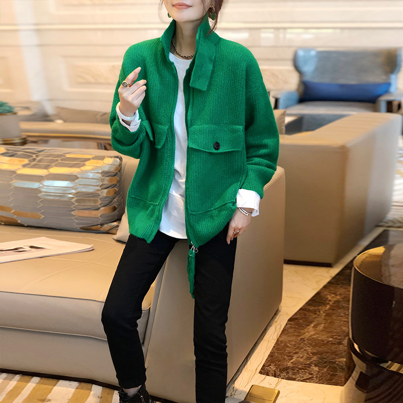 欧货磨毛绒外套爆款宽松绿色毛衣 秋寸短外套