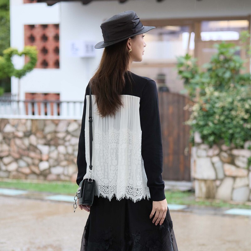 sdeer圣迪奥女装罗纹圆领压褶拼接蕾丝针织衫S24383508 - 图1