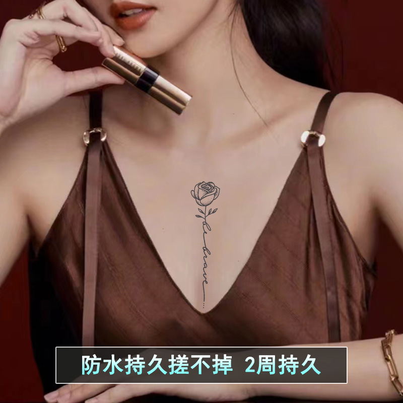 XMXP锁骨玫瑰纹身贴防水女持久性感花英文手臂仿真果汁草本半永久-图1