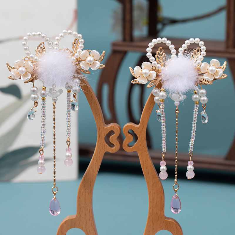 毛球发夹古风仙气兔耳朵流苏对夹花朵边夹秋冬毛绒头饰女汉服发饰 - 图3