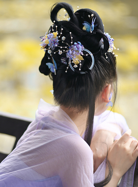 古风蓝紫色绣球绢花套装