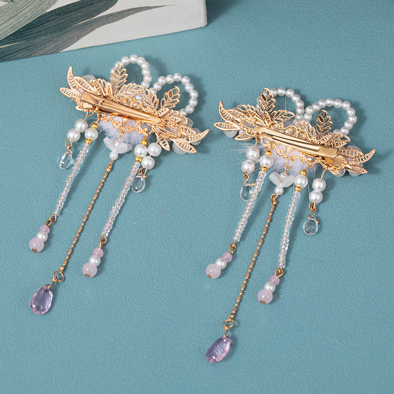 毛球发夹古风仙气兔耳朵流苏对夹花朵边夹秋冬毛绒头饰女汉服发饰 - 图2