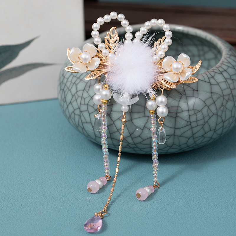 毛球发夹古风仙气兔耳朵流苏对夹花朵边夹秋冬毛绒头饰女汉服发饰 - 图1