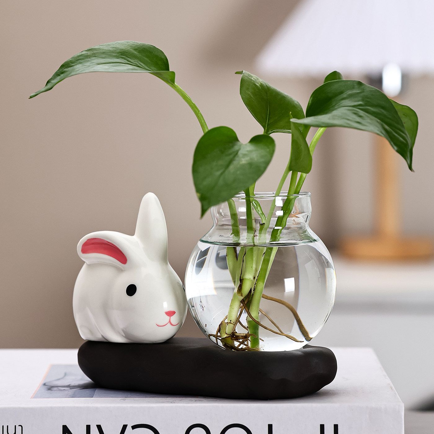 可爱陶瓷兔子水培花盆水养花瓶陶瓷花盆透明多肉花盆桌面装饰,淘宝优惠券,粉丝福利购,淘宝优惠卷