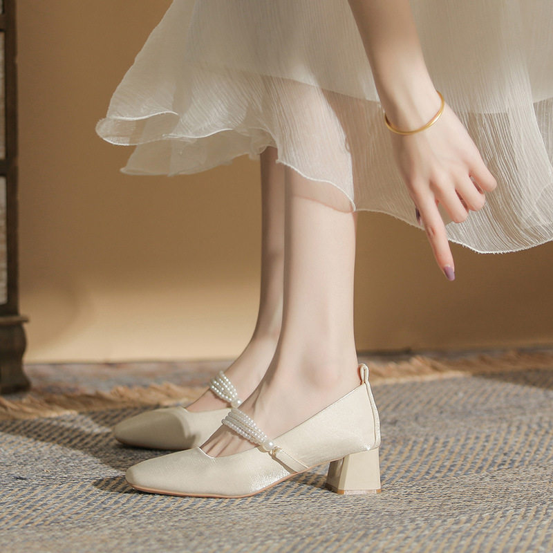 407-Z25新款2022秋冬季绒面方头珍珠粗跟玛丽珍鞋女单鞋婚鞋高跟,淘宝优惠券,粉丝福利购,淘宝优惠卷