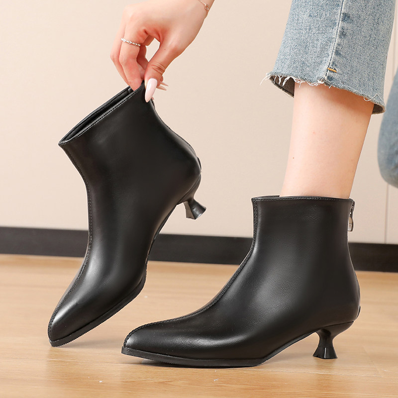 三厘米低跟细跟尖头短靴女靴加绒高跟鞋秋冬季工装鞋女黑色裸靴子,淘宝优惠券,粉丝福利购,淘宝优惠卷