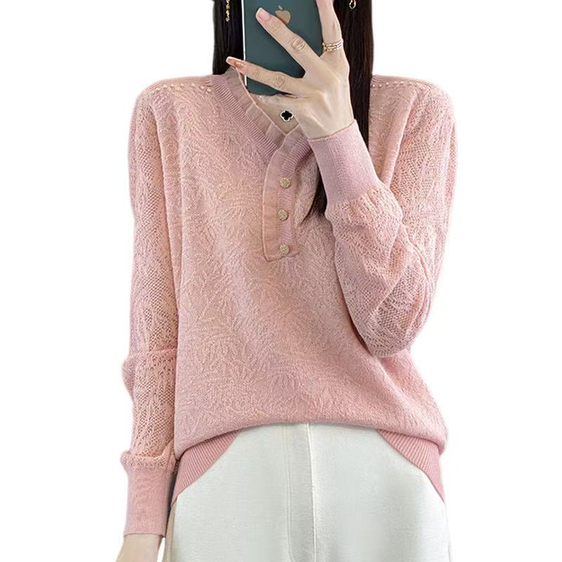 春秋薄款蕾丝花边V领恒源祥集团彩羊女宽松大码优雅好看毛衣小衫
