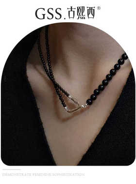 复古Y型项链古熙西S925银黑玛瑙