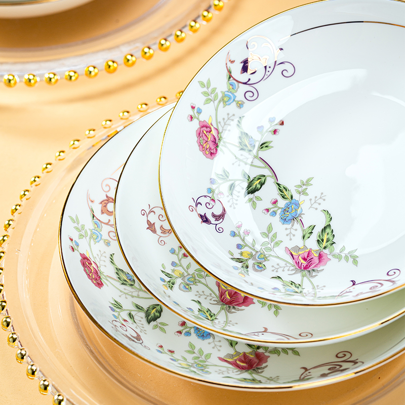 景德镇碗碟套装陶瓷盘子菜盘深盘家用北欧金边骨瓷盘子大容量饭盘 - 图1