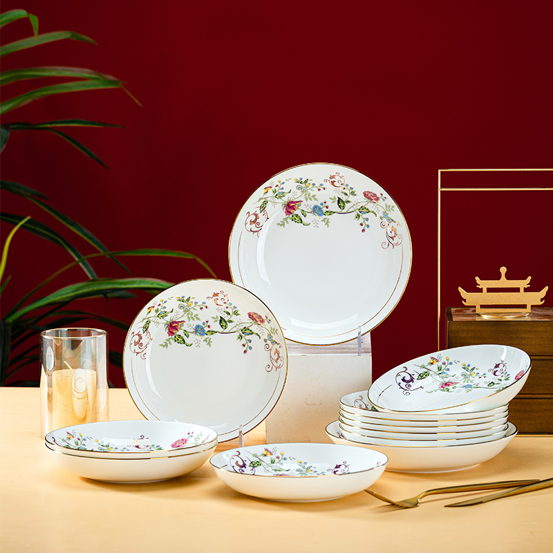 景德镇碗碟套装陶瓷盘子菜盘深盘家用北欧金边骨瓷盘子大容量饭盘 - 图0