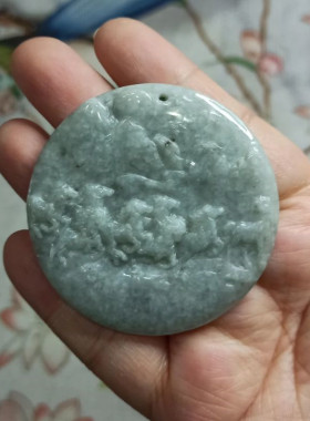 翡翠吊坠生肖马牌八骏图圆牌
