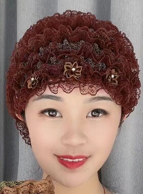 春秋夏四季款蕾丝小花朵款防尘遮阳中老年女士遮白发美人纱包头帽