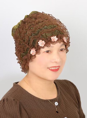 美人纱弹力蕾丝遮白发护头发假发穆斯帽网红款蕾丝花朵妈妈家居帽
