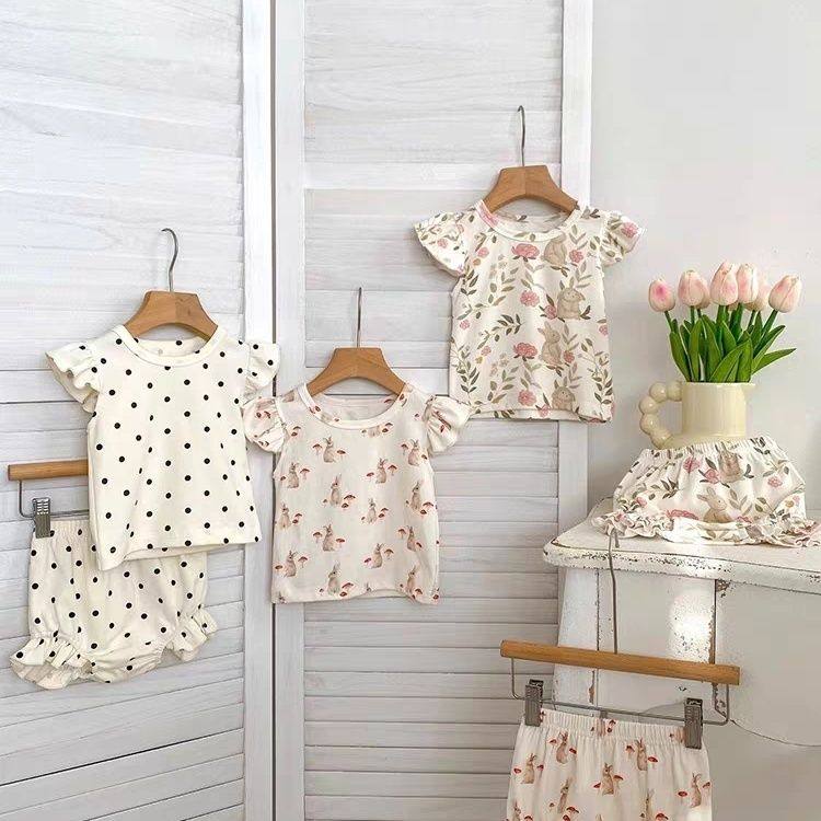婴幼儿2025夏季套装印花飞袖上衣T恤花边短裤ins韩版女宝宝两件套,淘宝优惠券,粉丝福利购,淘宝优惠卷