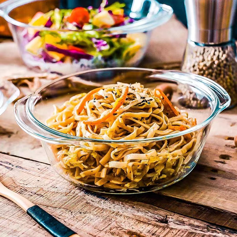 耐热玻璃碗带盖家用透明沙拉碗双耳蒸蛋碗汤盆大号微波炉纯色器皿 - 图2