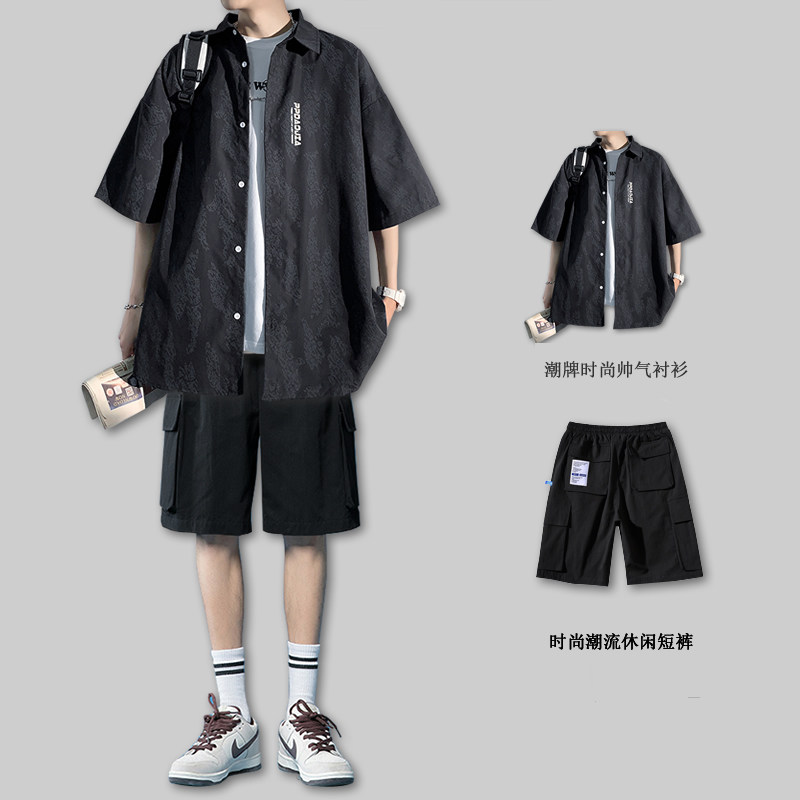 夏季ins潮牌冰丝衬衫男士短袖高级感痞帅衬衣潮流帅气外套套装男 - 图2