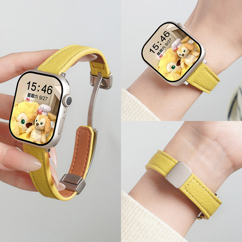 适用苹果iWatchs11手表带applewatchs11荔枝纹磁吸真皮s10表带s9智能手表s8女款磁吸卡扣s7秋冬s6代se3腕带 - 图2