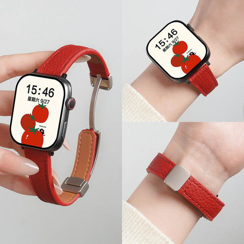 适用苹果iWatchs11手表带applewatchs11荔枝纹磁吸真皮s10表带s9智能手表s8女款磁吸卡扣s7秋冬s6代se3腕带 - 图0