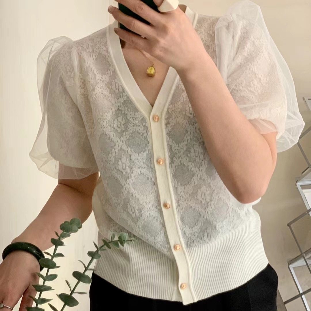 霏融泡泡袖蕾丝短袖2022夏季打底衫 霏融毛针织衫