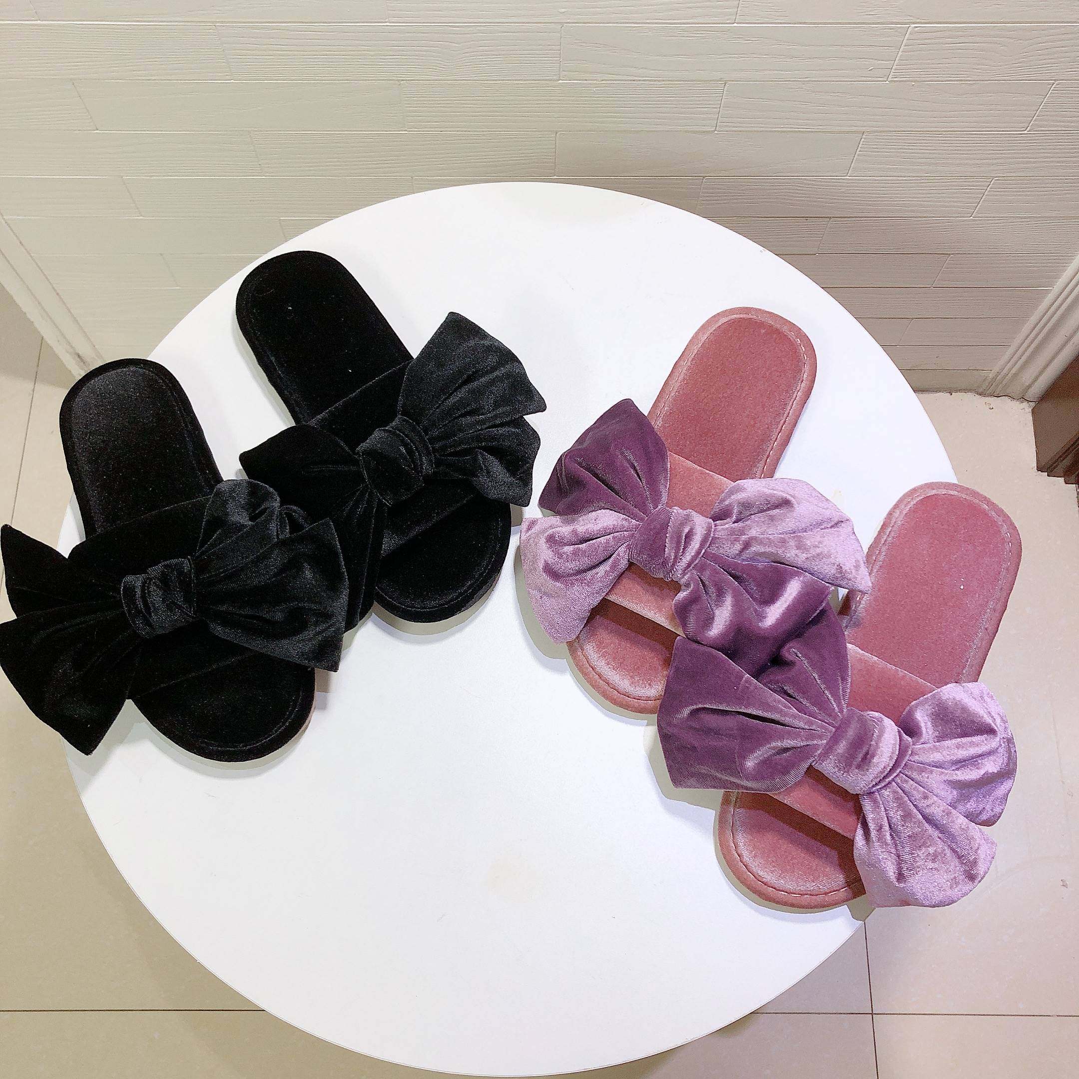 金丝绒棉拖鞋女韩国大蝴蝶结秋冬居家用室内防滑静音情侣结婚拖鞋