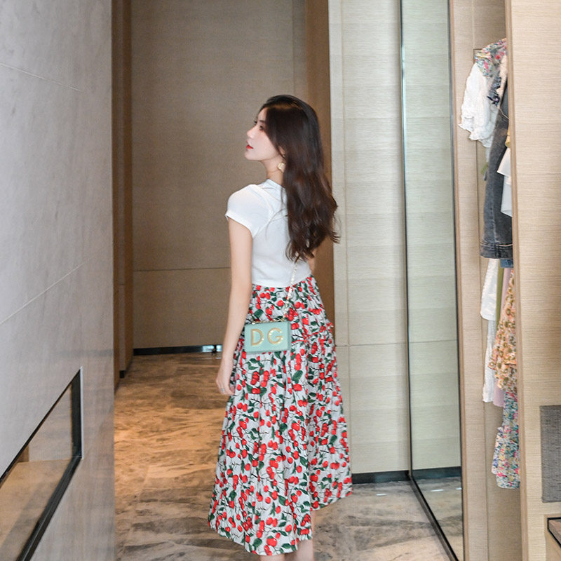 温格雅棉麻印花显瘦高腰樱桃半身裙 温格雅半身裙